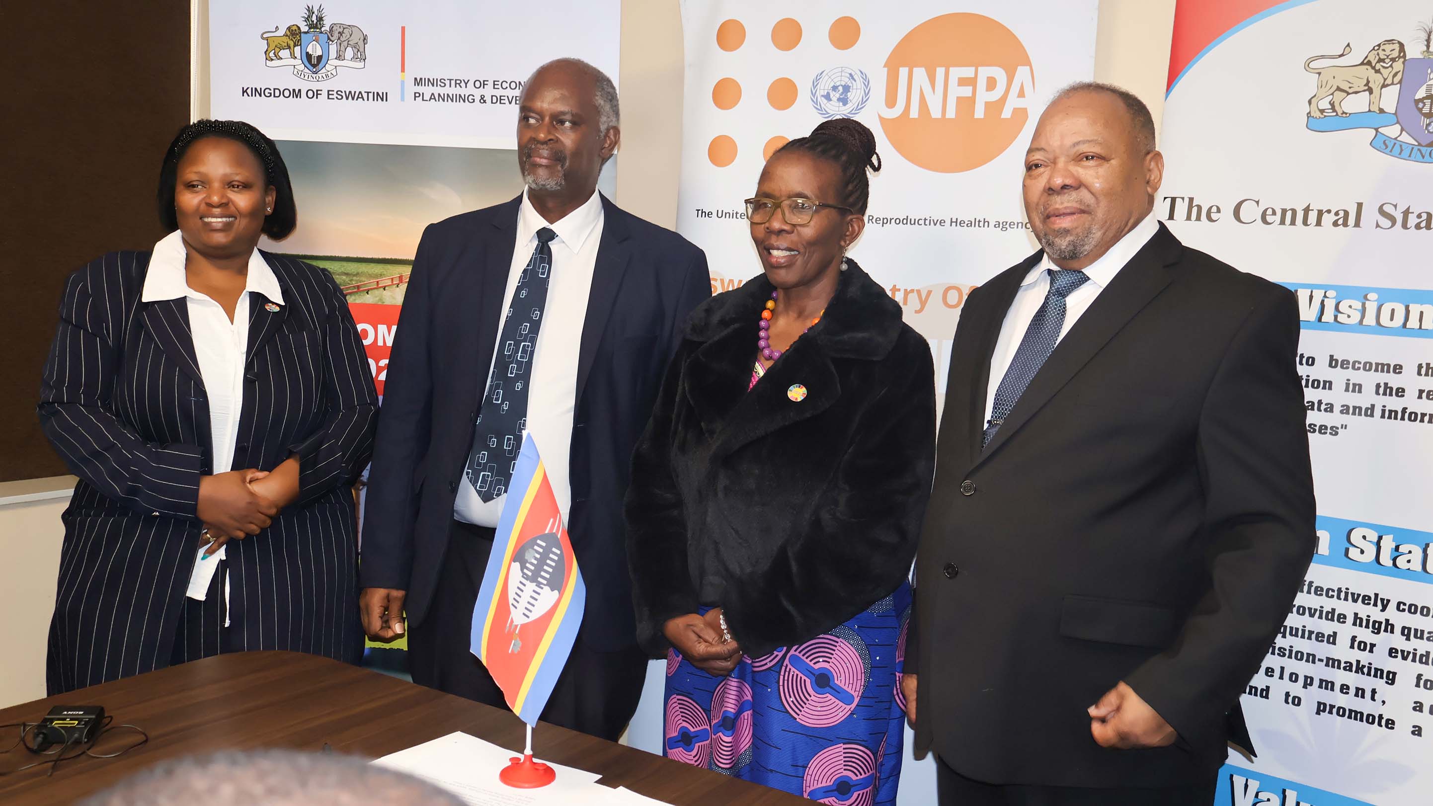 Minister for Economic Development and Planning Dr Thambo Gina (R), UNFPA Head of Office Margaret Thwala (2nd R), Director of Statistics Thembinkosi Shabalala and Director of National Population Unit Nombulelo Dlamini during the launch of the 2027 Population and Housing Census and the 2025/2026 Economic Census, at the ministry’s offices yesterday. (Pic: Sabelo Majola)